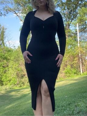 Black Ribbed Long Sleeve Bodycon Dress